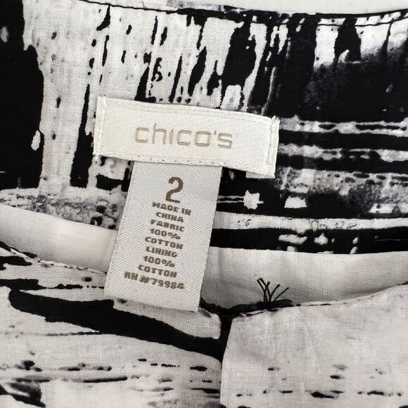 Chico’s Womens Size 2 L Artsy Abstract Open Front Jacket Black White Cotton - Picture 4 of 8